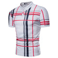 Mens polo shirt check pattern summer casual short sleeve cotton blend top white