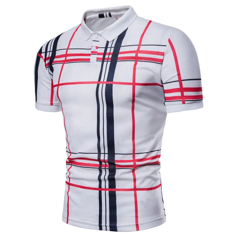 Mens polo shirt check pattern summer casual short sleeve cotton blend top white