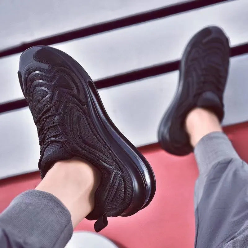 Men's black casual sneakers with air cushion technology and thick sole design