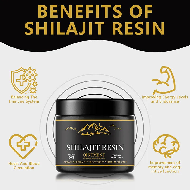 30g jar of pure Himalayan Shilajit resin with wooden measuring spoon on white background