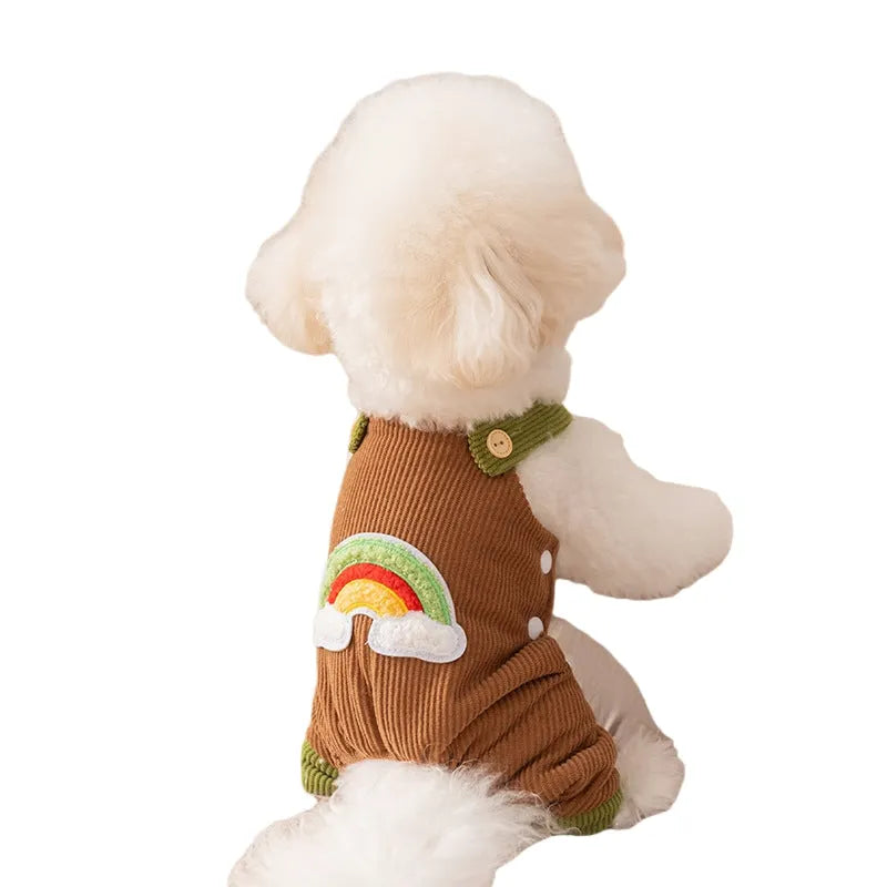 Small dog wearing rainbow corduroy jumpsuit in Beige with flannel lining, autumn winter pet overalls