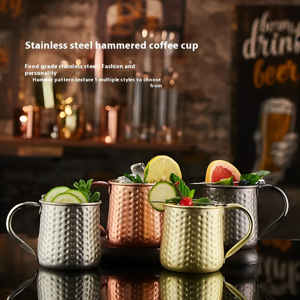 Stainless steel Moscow Mule cup with copper-plated finish in hammered and plain styles.