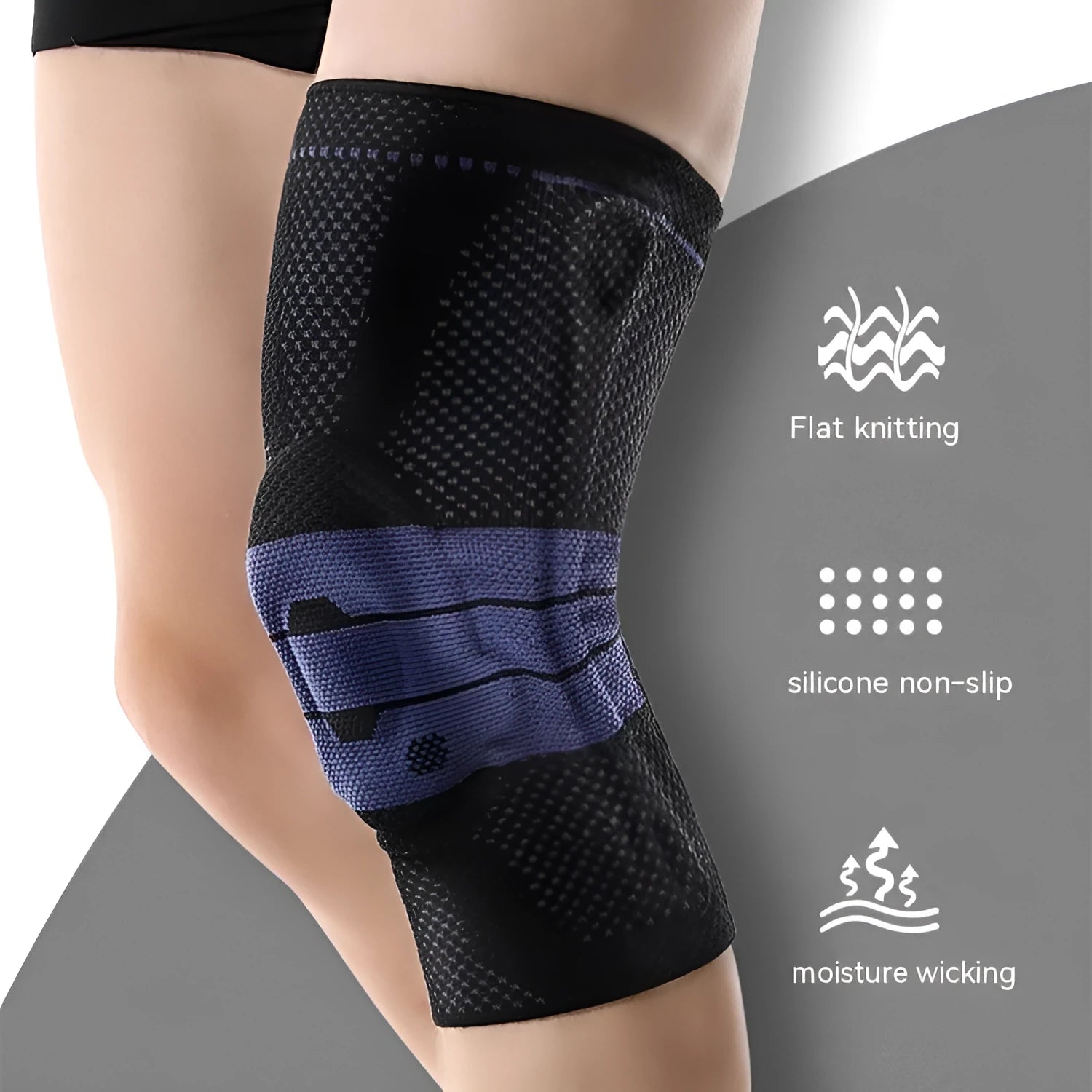 A pair of adult sports kneecaps in nylon and spandex, shown in black and blue colour, for knee protection.