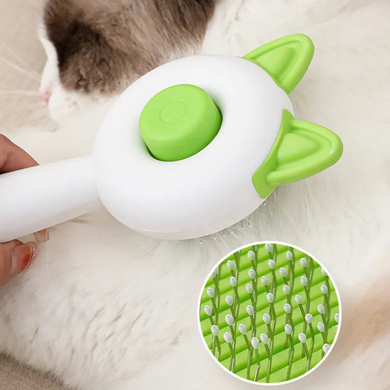 Self-cleaning cat grooming comb with stainless steel blades in greenish white or orange white colours