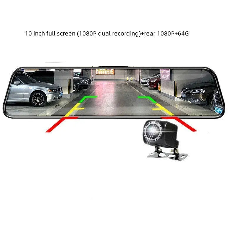 10-inch full-screen dash cam with front and rear dual lenses displaying road footage on its touchscreen