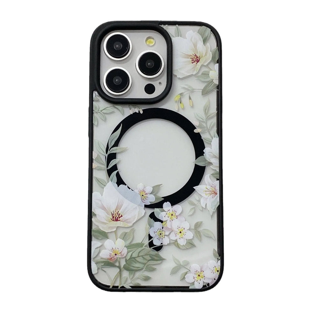 Magnetic acrylic two-in-one phone case with purple floral design on black back for iPhone