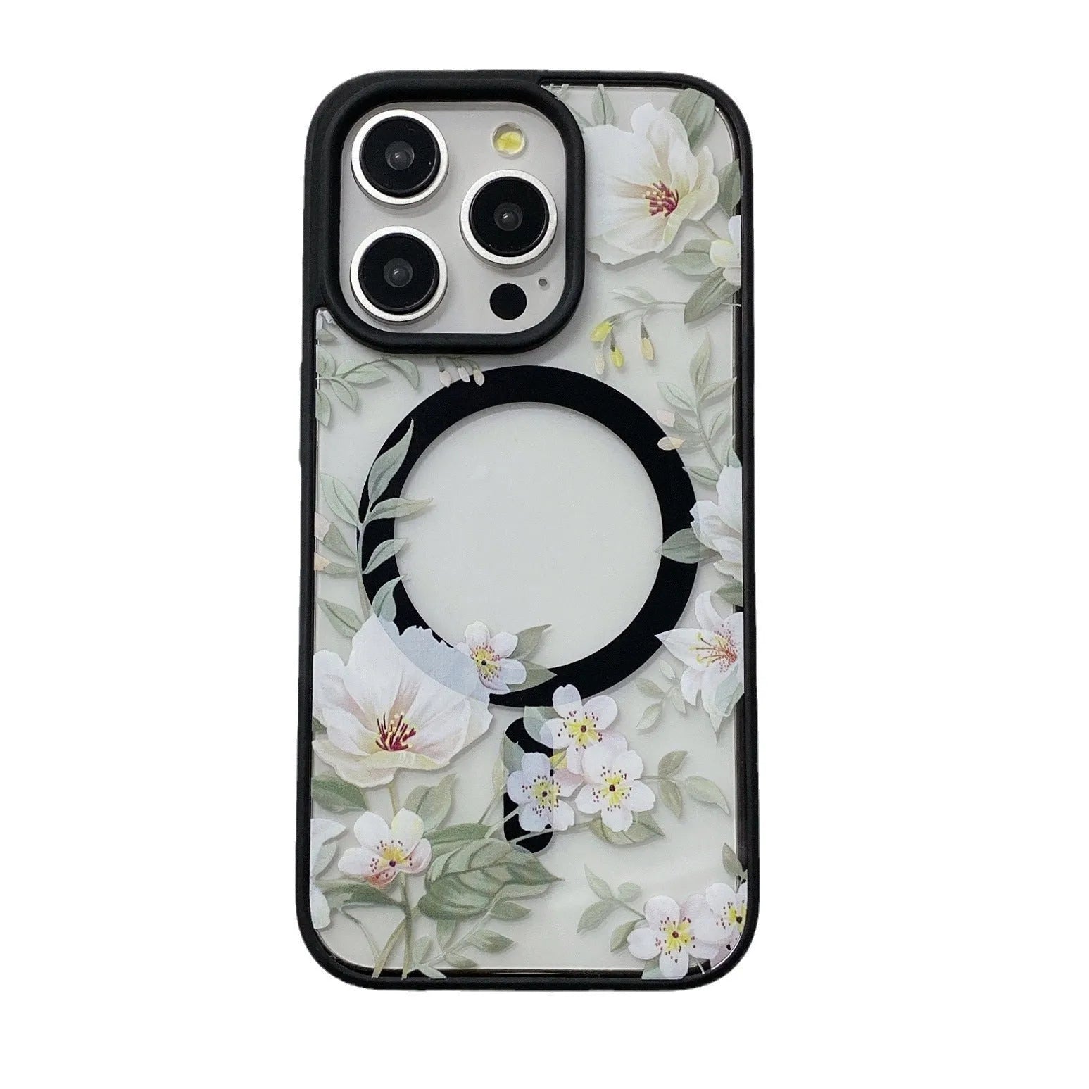 Magnetic acrylic two-in-one phone case with purple floral design on black back for iPhone