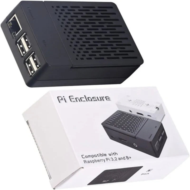 Black ABS plastic protective case for Raspberry Pi 4 with fan support and ventilation slots