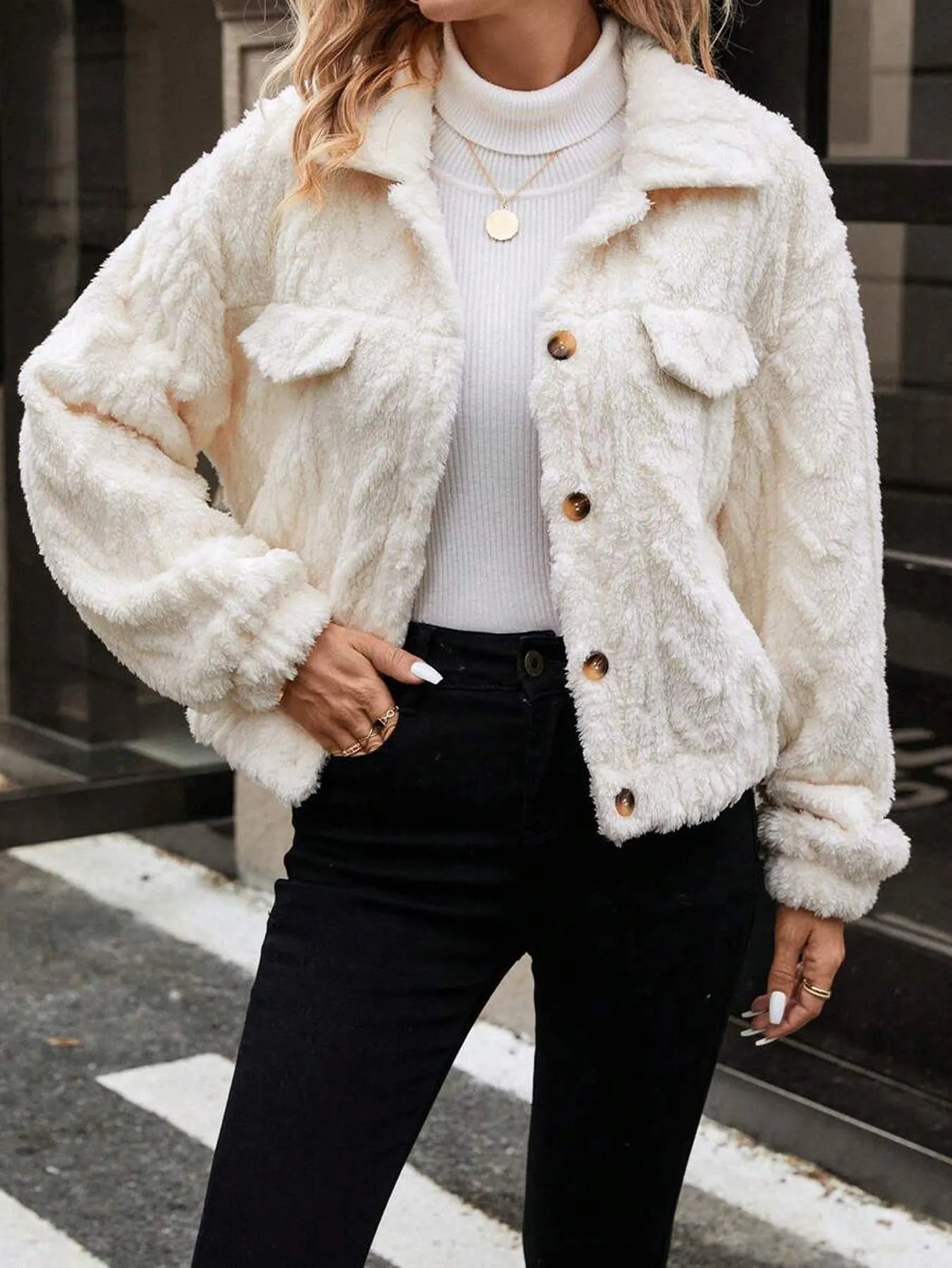 Women's ivory white double-sided plush button cardigan top coat with regular long sleeves