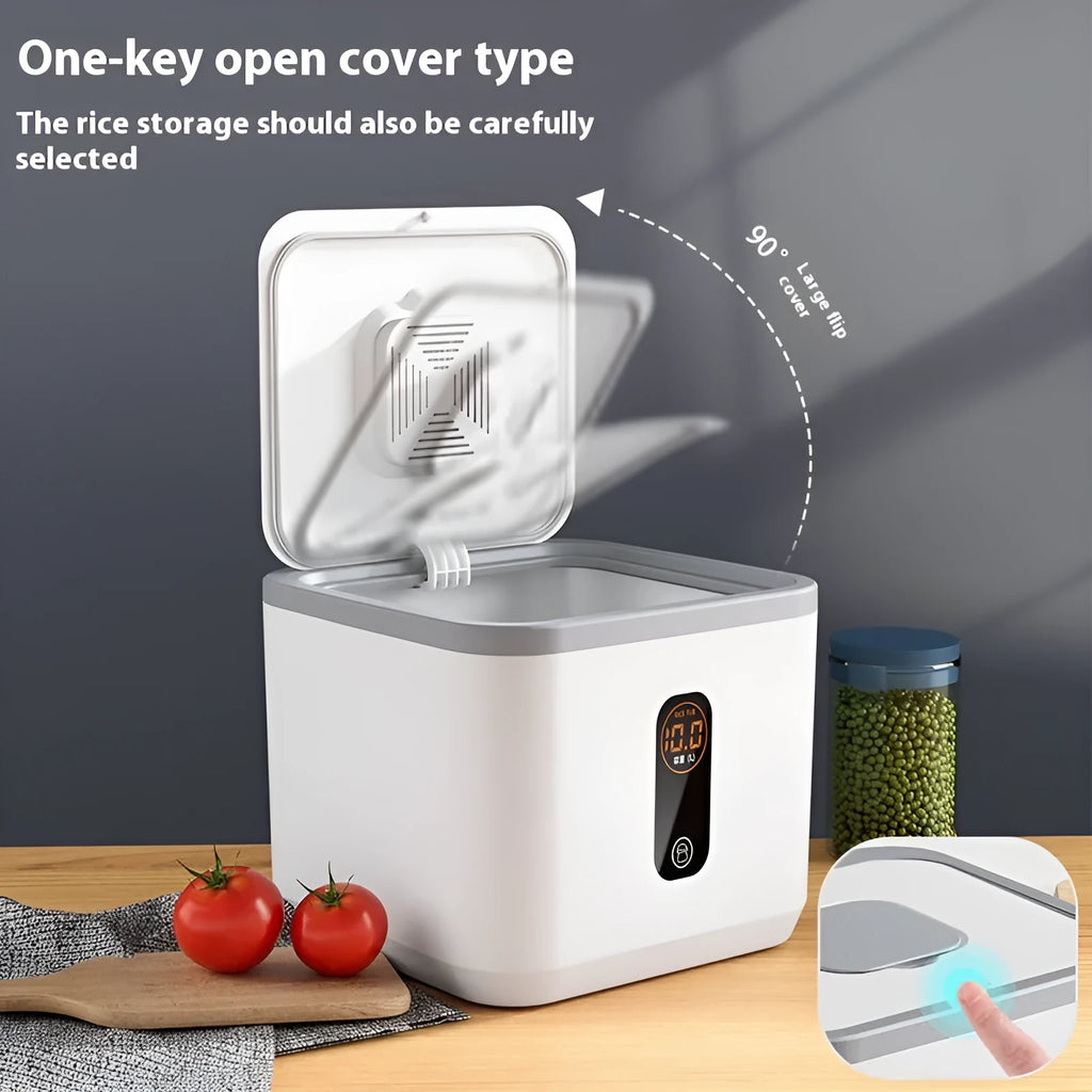 Grey plastic rice storage jar with airtight lid and measuring cup in 10kg, 20kg, and 30kg capacity options