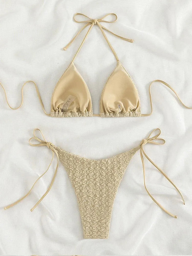 Women's high-waist bikini swimsuit with lace-up sides in khaki colour
