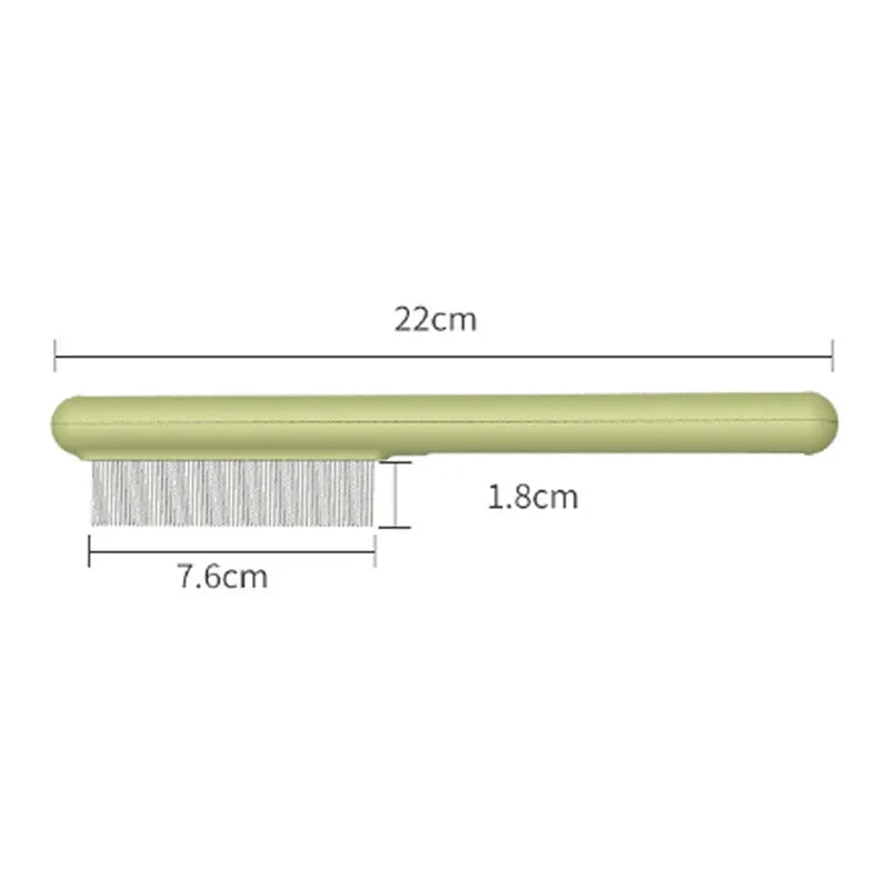 Cat comb with rounded stainless steel teeth and ergonomic handle on white background