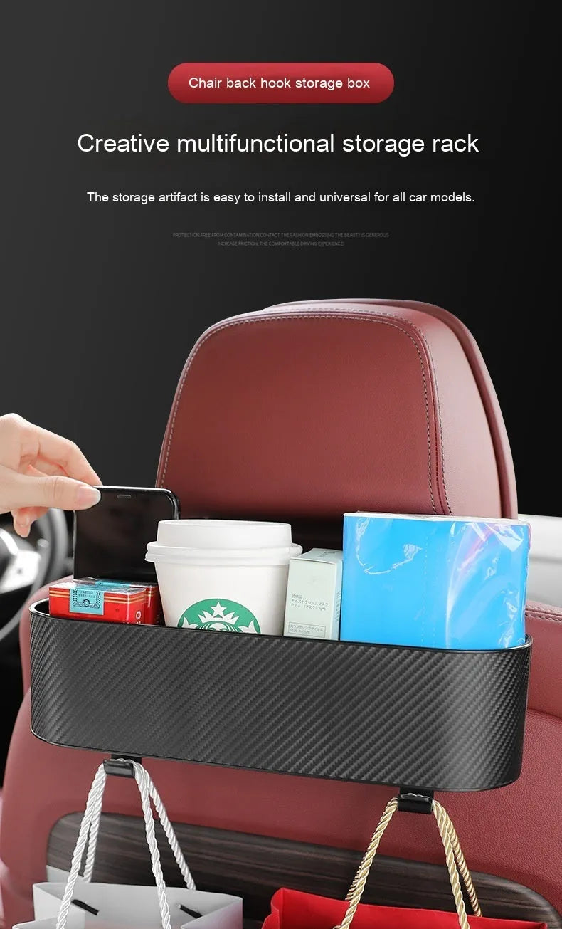 Car seat back hook storage box in black, made from ABS carbon fibre pattern material, for hanging organisation