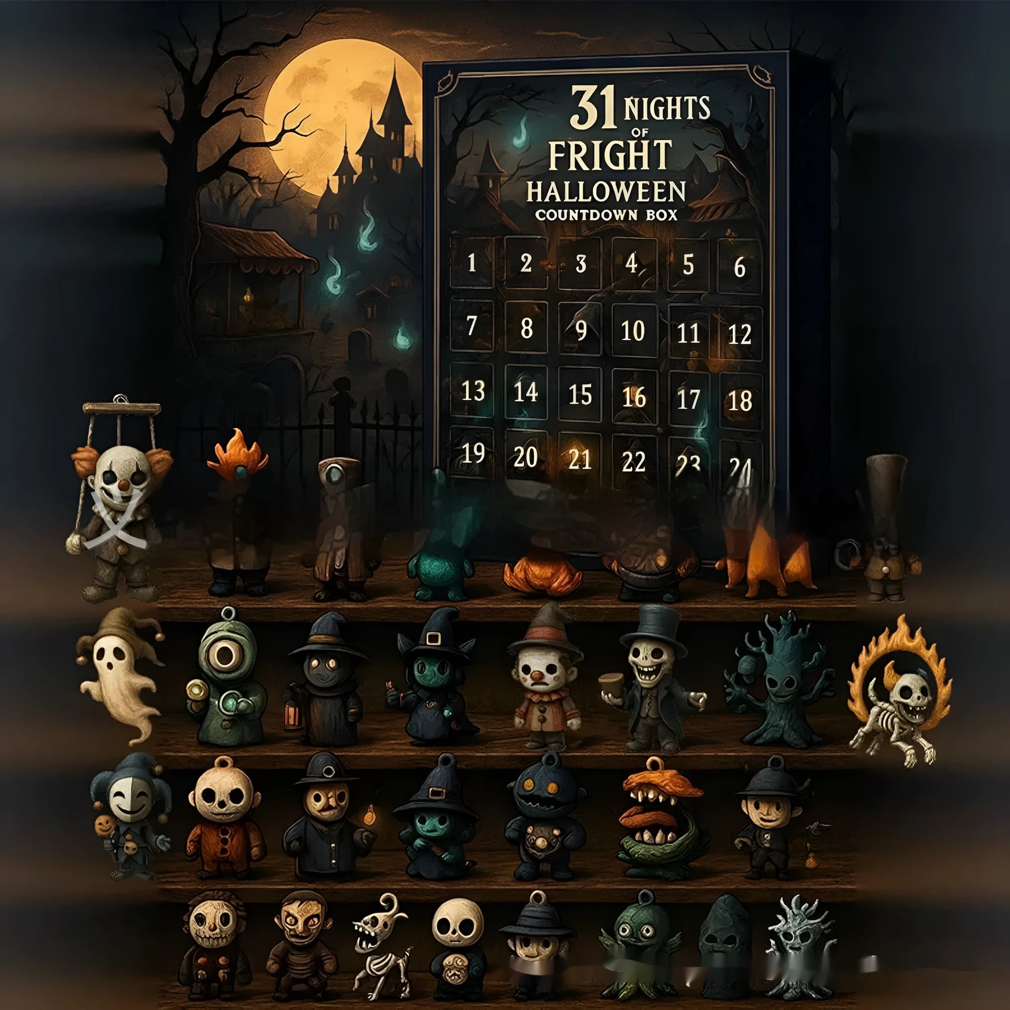 Halloween horror doll advent calendar countdown box in plastic and resin.