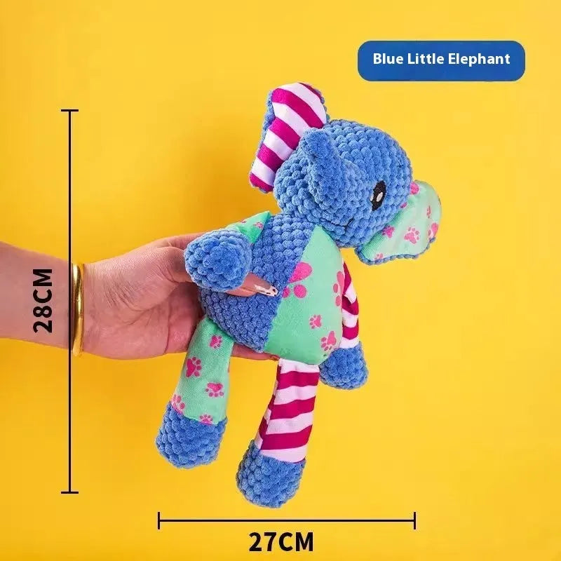 Assortment of soft plush pet toys including a rechargeable duck, a donkey, and companion animals for puppy teething.