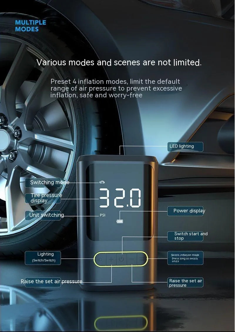 Handheld wireless digital tyre inflator with display screen, LED light, and air hose.