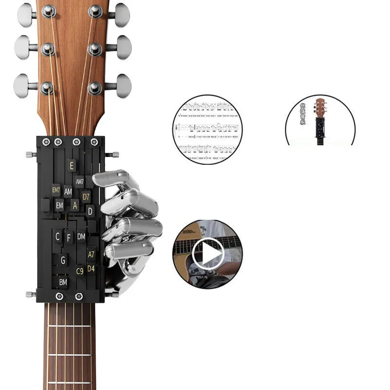 Automatic guitar chord device for beginners clamped on acoustic guitar neck