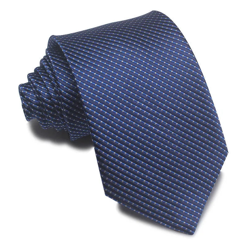 Man's red, black, and blue striped jacquard business tie with an 8cm width.