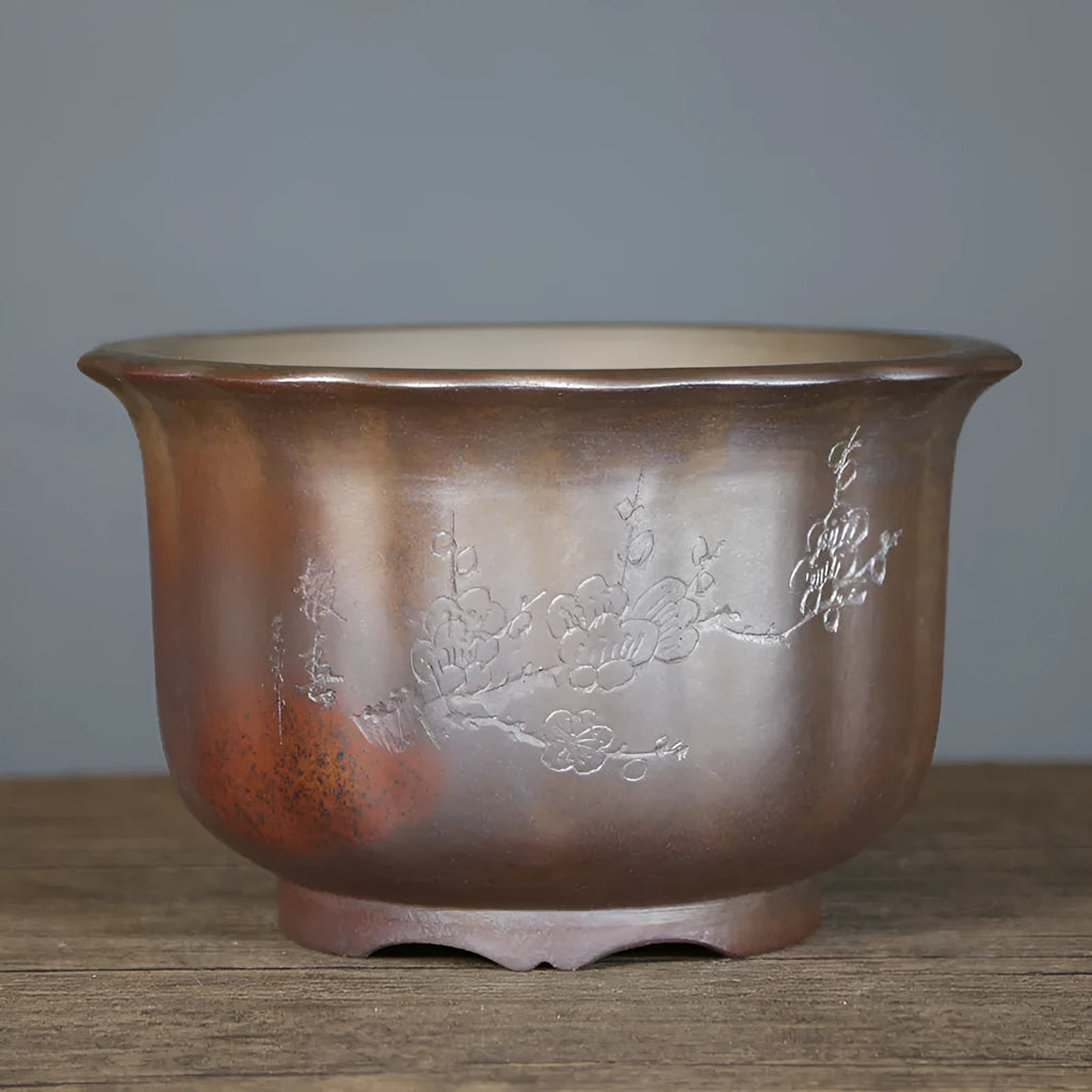 Purple sand ceramic flower pot with antique carved detailing and wood burning finish