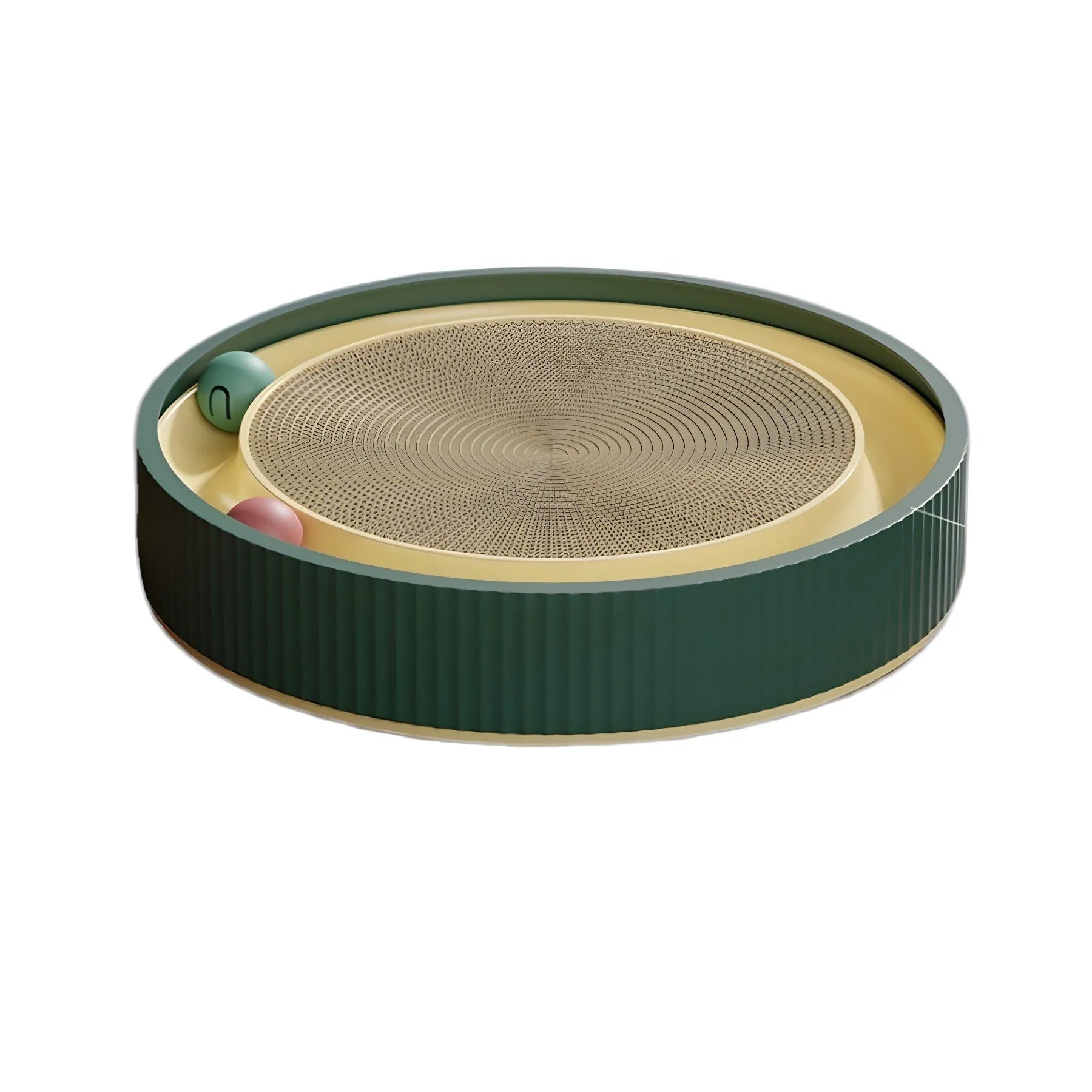 Large green circular cat scratching board with bell balls and a white spring toy in the centre.