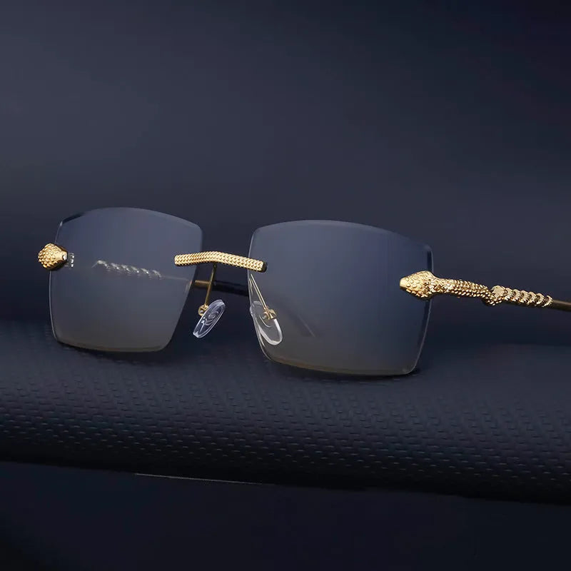 Fashion rimless sunglasses for men UV400 PC lens golden tea wood grain bag pollen tablet