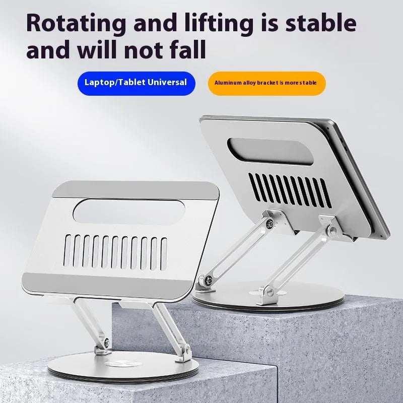 Silver aluminium laptop stand with height adjustment and rotatable design