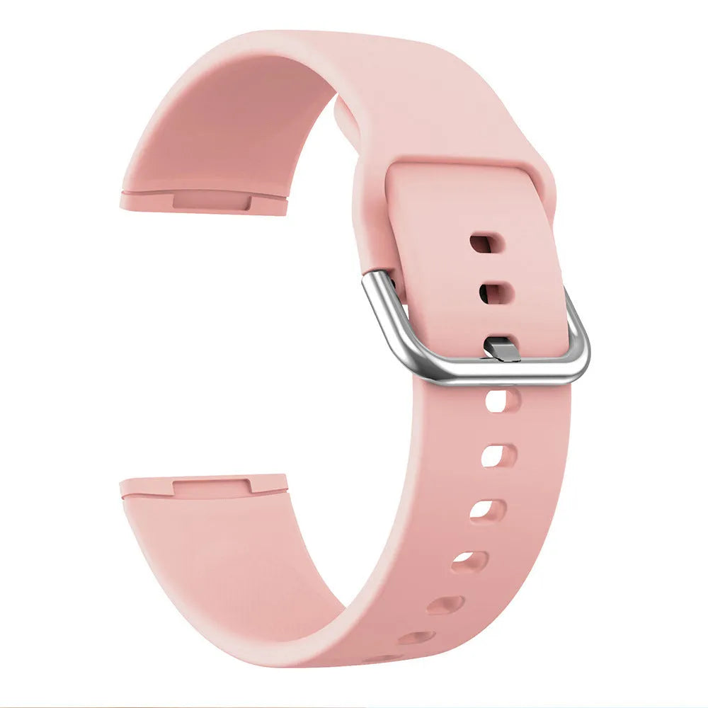Solid colour silicone replacement strap with silver buckle for Fitbit Versa 3 and Sense 2 fitness trackers.
