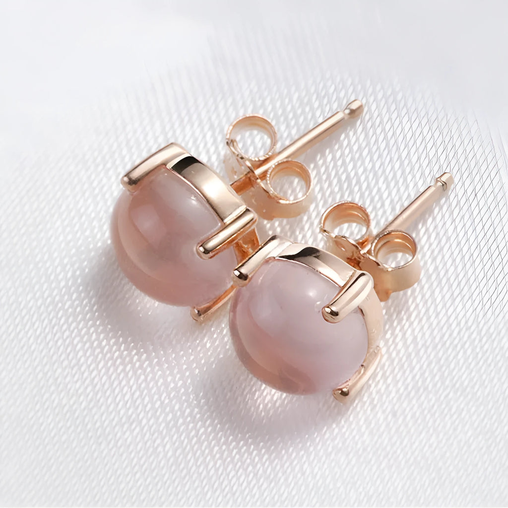 Rose gold drop stud earrings with synthetic ross quartz stone, Korean minimalist style