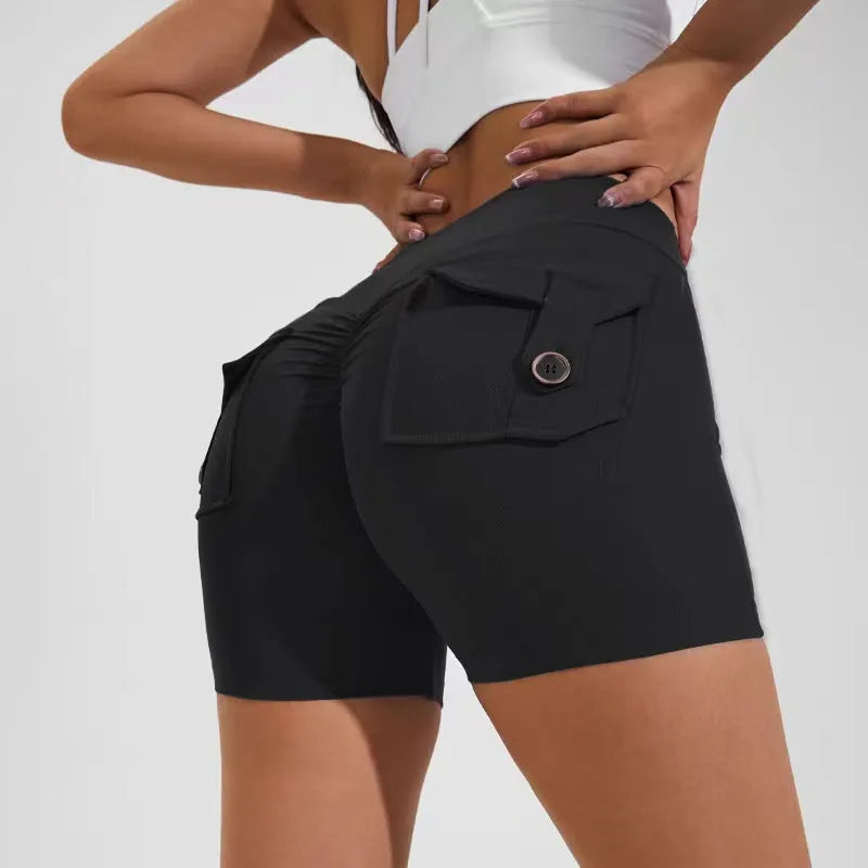 Women's high-waisted hip lifting shorts with pockets in quick-dry nylon fabric