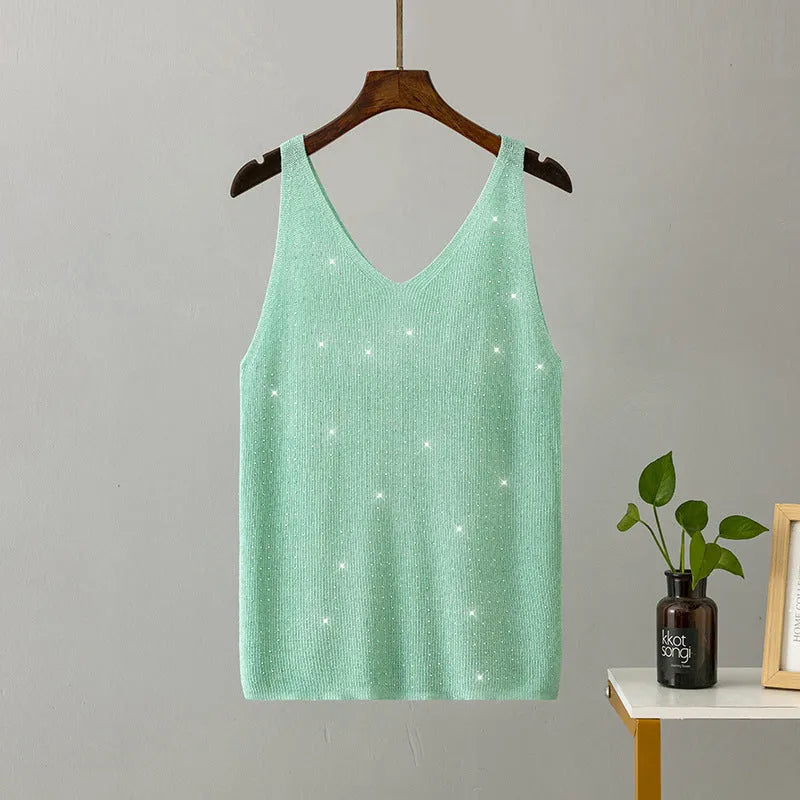 Ice silk knitted bright thread diamond-encrusted V-neck camisole in slim fit, shown in multiple colours including black, white, pink, and khaki