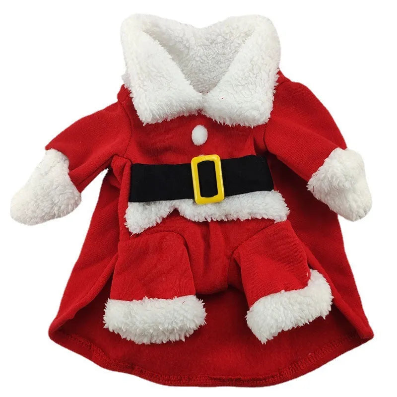 Red Christmas pet dog costume with polyester fabric and matching cap, size medium