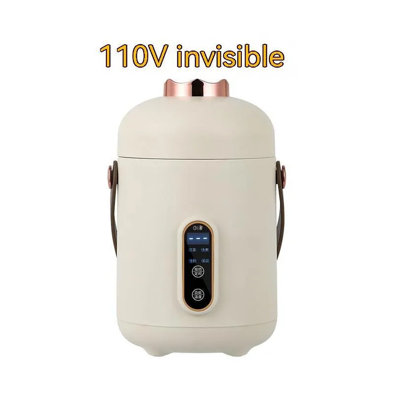 Smart electric stew cooker with transparent glass inner pot and fibre glass body, showing power cord and compact size