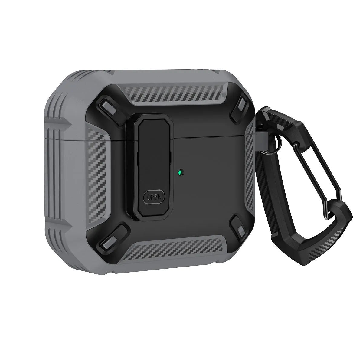 Two-tone clamshell protective case for Apple AirPods with a metal hook attached.
