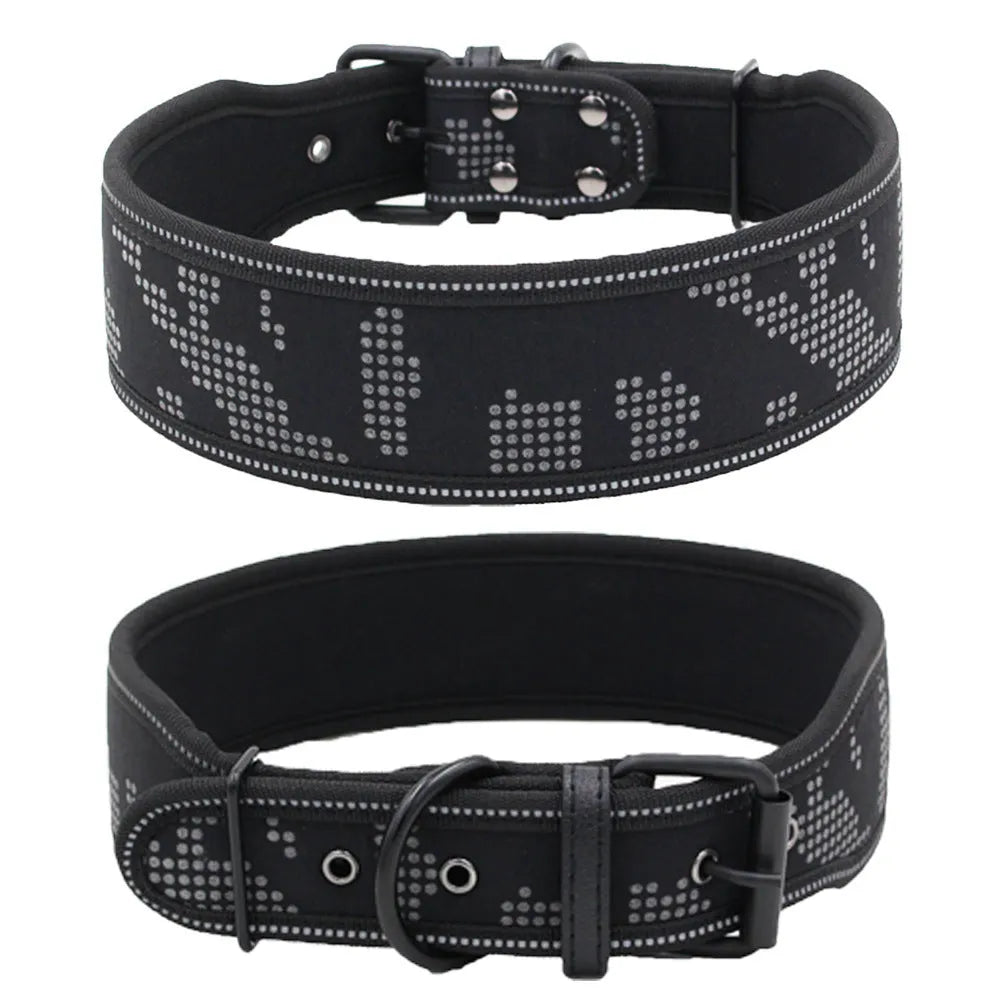 Reflective camouflage nylon dog collar in blue on a light background showing three size options