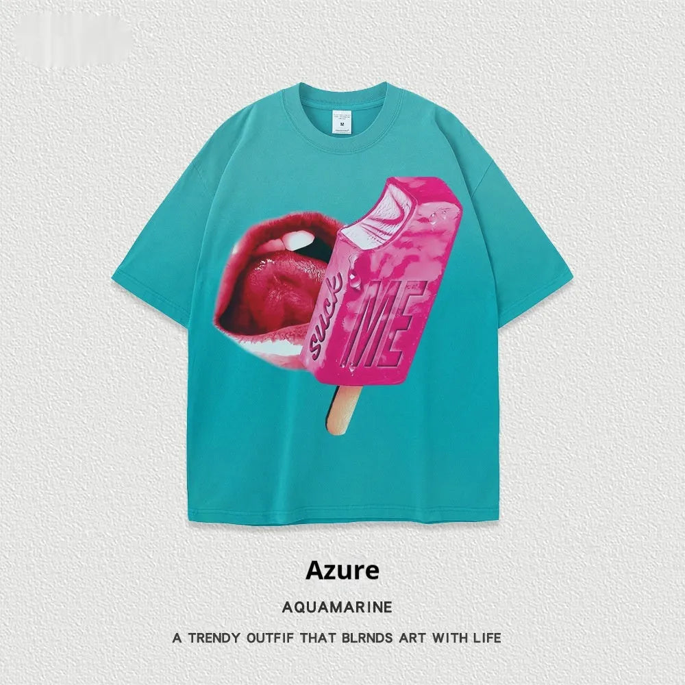 A loose-fit short-sleeved T-shirt with a cartoon print, shown in a heavy washed cotton fabric.
