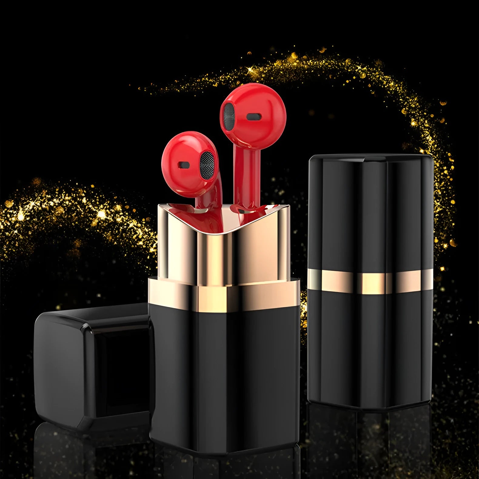 Fashion lipstick design wireless Bluetooth earphone in black, pink, purple, or white with a charging case.
