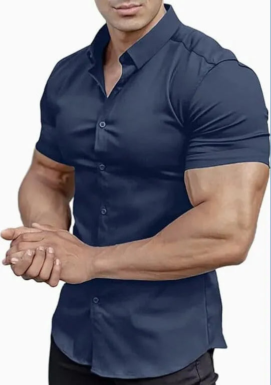 Men's brown short sleeve casual printed shirt with a collar on a hanger.