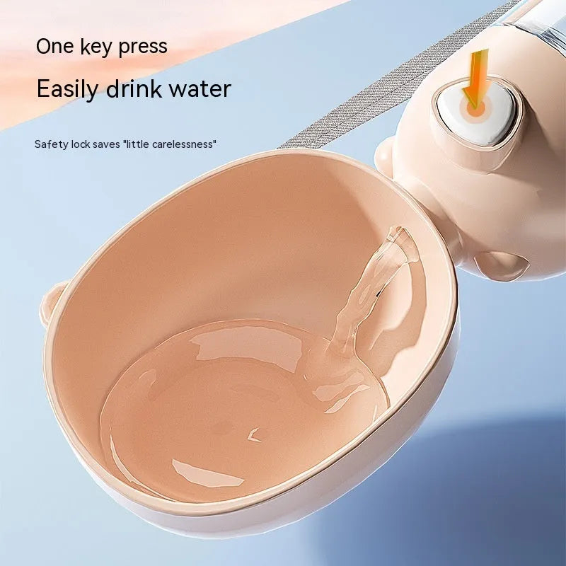 Portable dog water bottle with attached bowl in yellow, pink and brown colour options