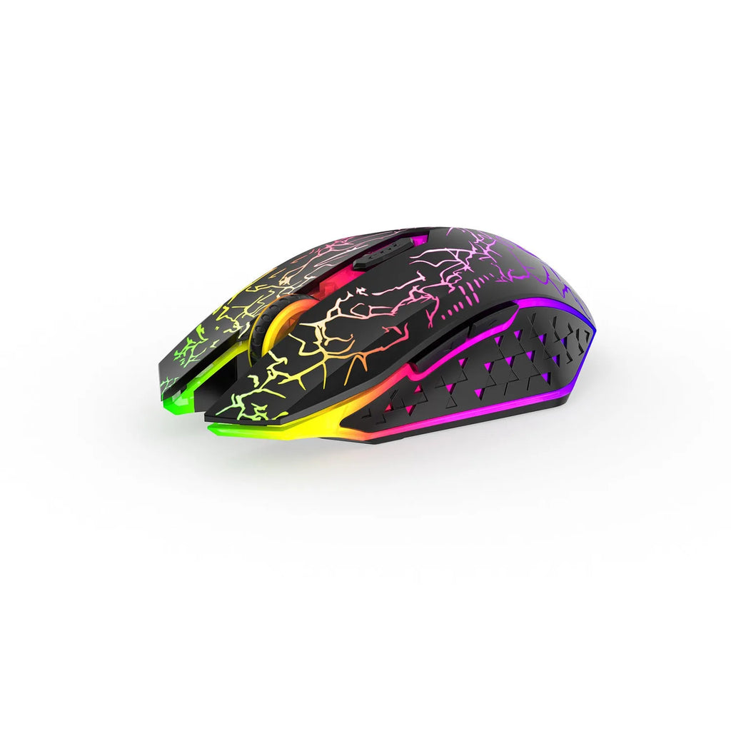 Black and white wireless gaming mouse with breathing lights showing Bluetooth and 2.4G connectivity options