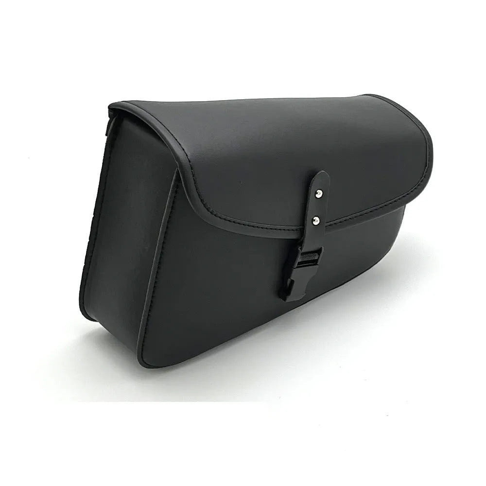 Black PU leather swingarm saddlebag mounted on a Harley Davidson Sportster motorcycle.