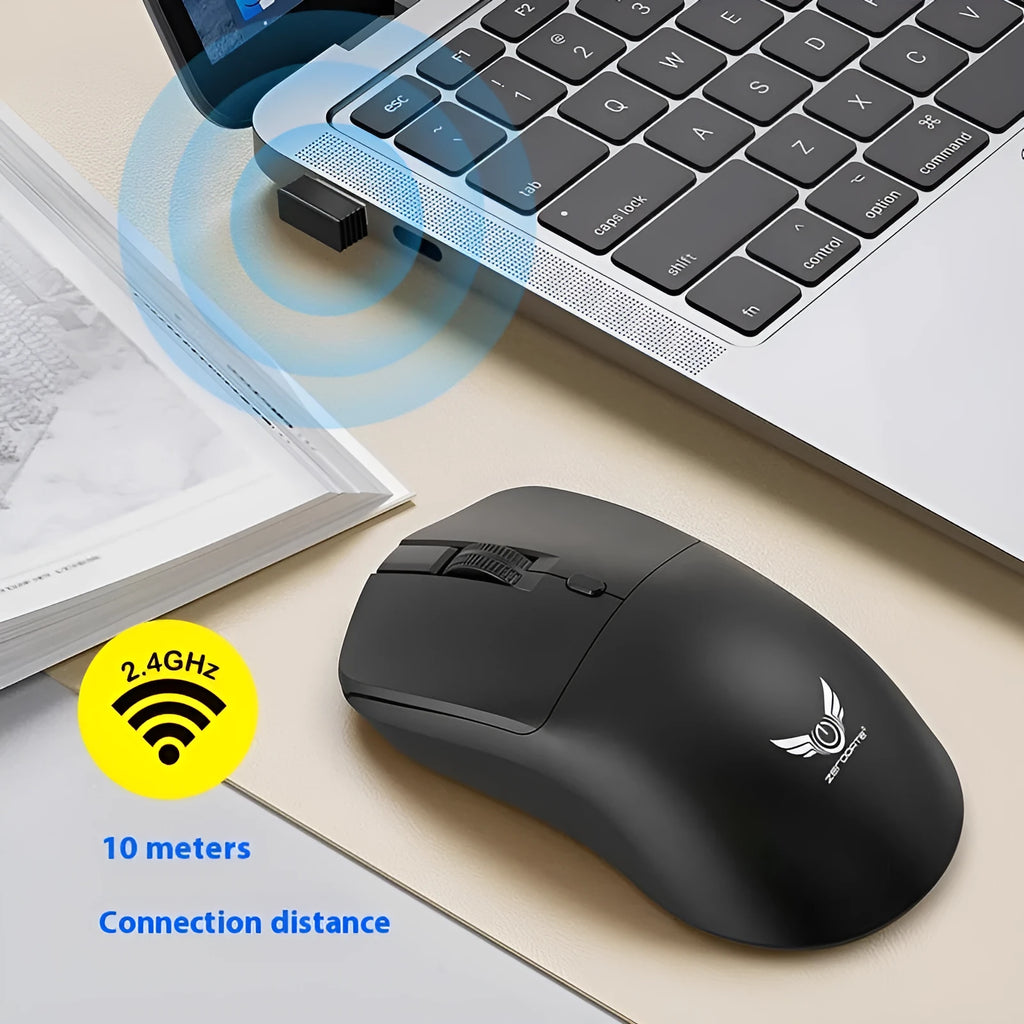 Black wireless computer mouse with three buttons and scroll wheel for laptop and desktop use