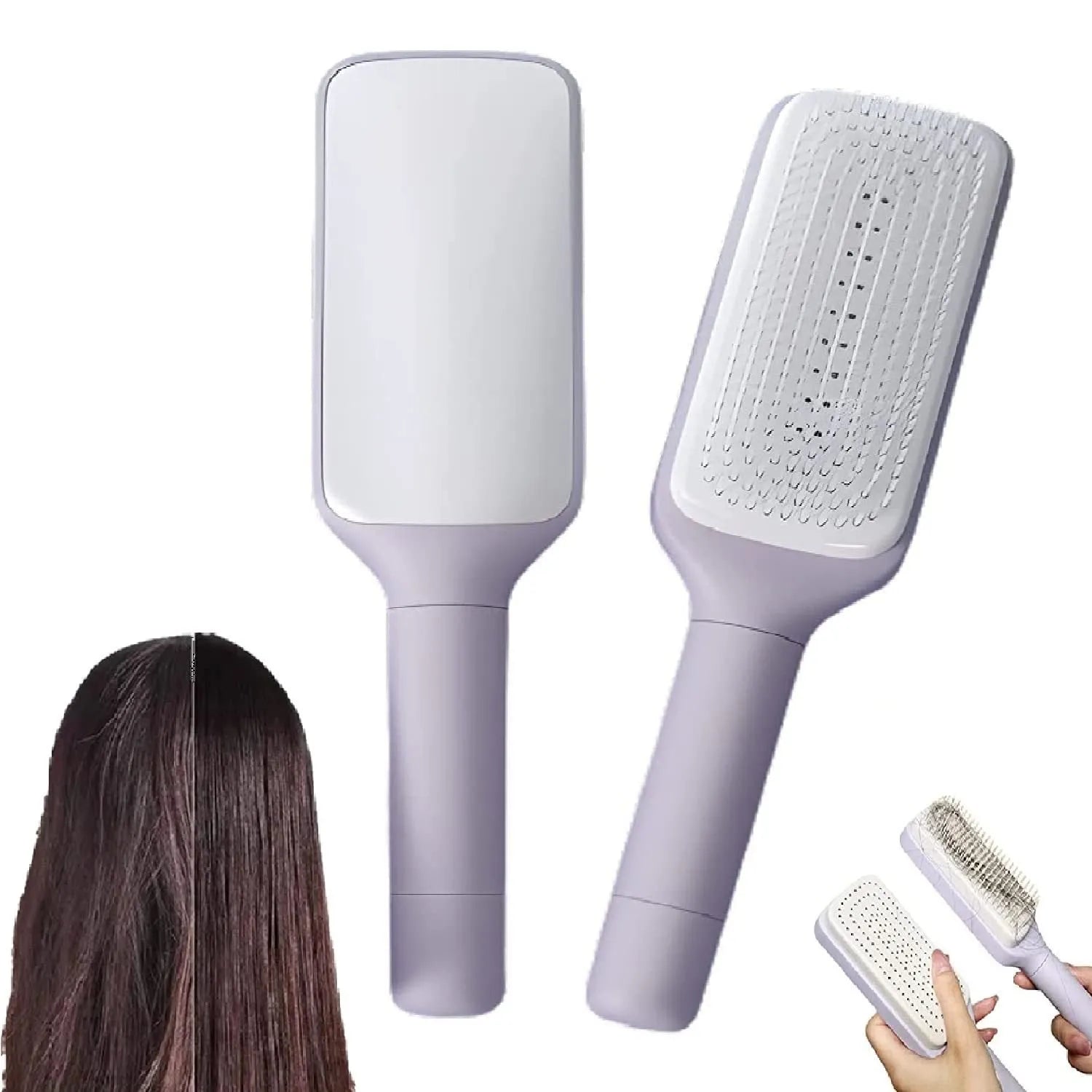 Purple self-cleaning hairbrush with rotating handle and anti-static massage comb teeth