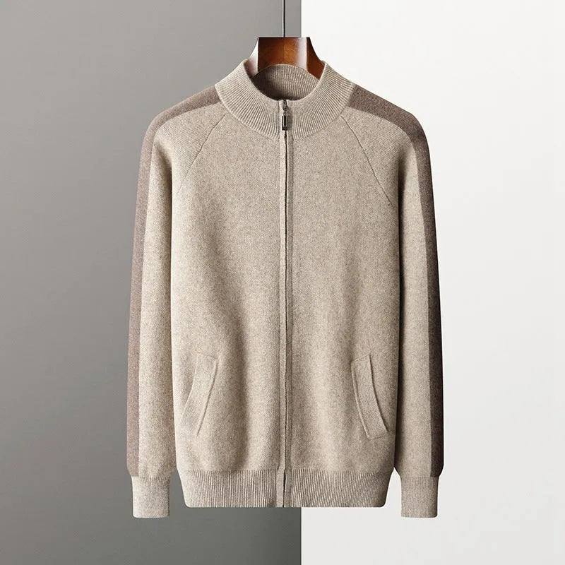 Men's camel coloured cashmere wool blend knitted cardigan suit with half turtleneck zip-up top and matching trousers