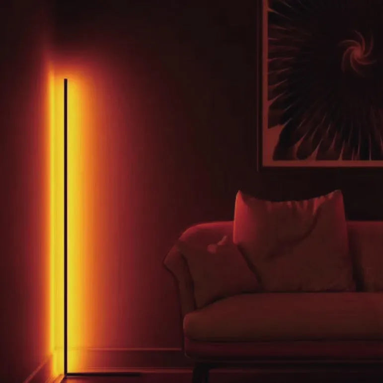 Black smart floor lamp with aluminium alloy body and silicone shade featuring RGBW lighting