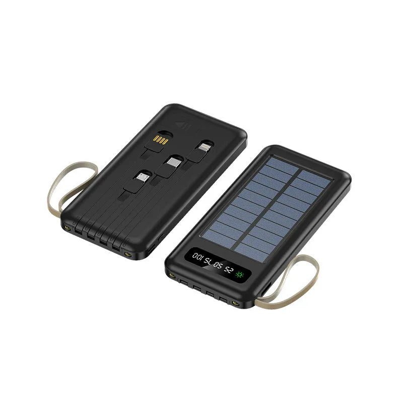 Black and white solar power bank showing front panel with solar cells and dimensions 144x68x16mm.