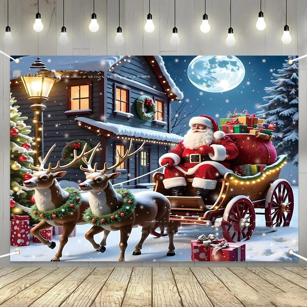 Large red Christmas banner with Santa Claus and gift illustrations measuring 210x150 cm