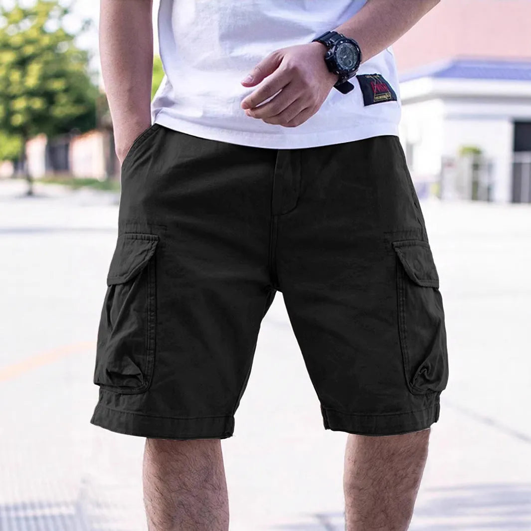 Retro-style men's workwear shorts in cotton blend fabric with loose fit and micro-elastic properties