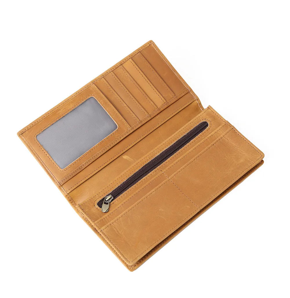 Pure first layer cowhide retro wallet in dark brown with 10 card slots and zip pocket
