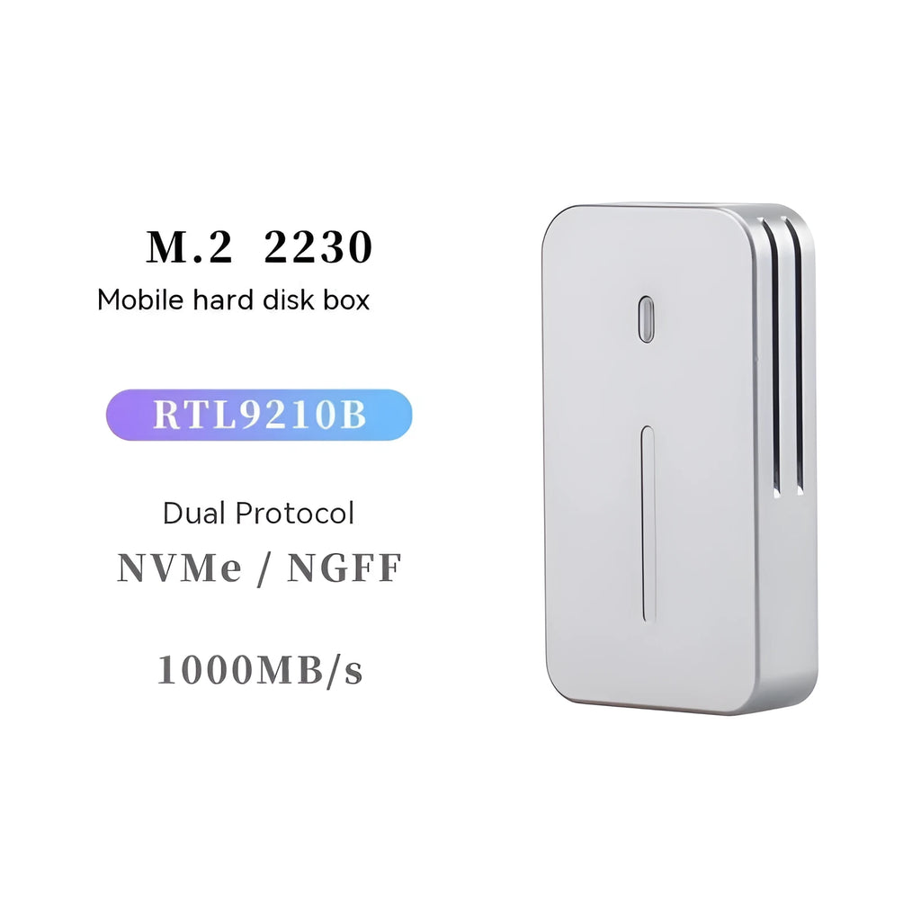 Compact aluminium M.2 SSD enclosure for NVMe and SATA drives with 10Gbps USB-C.