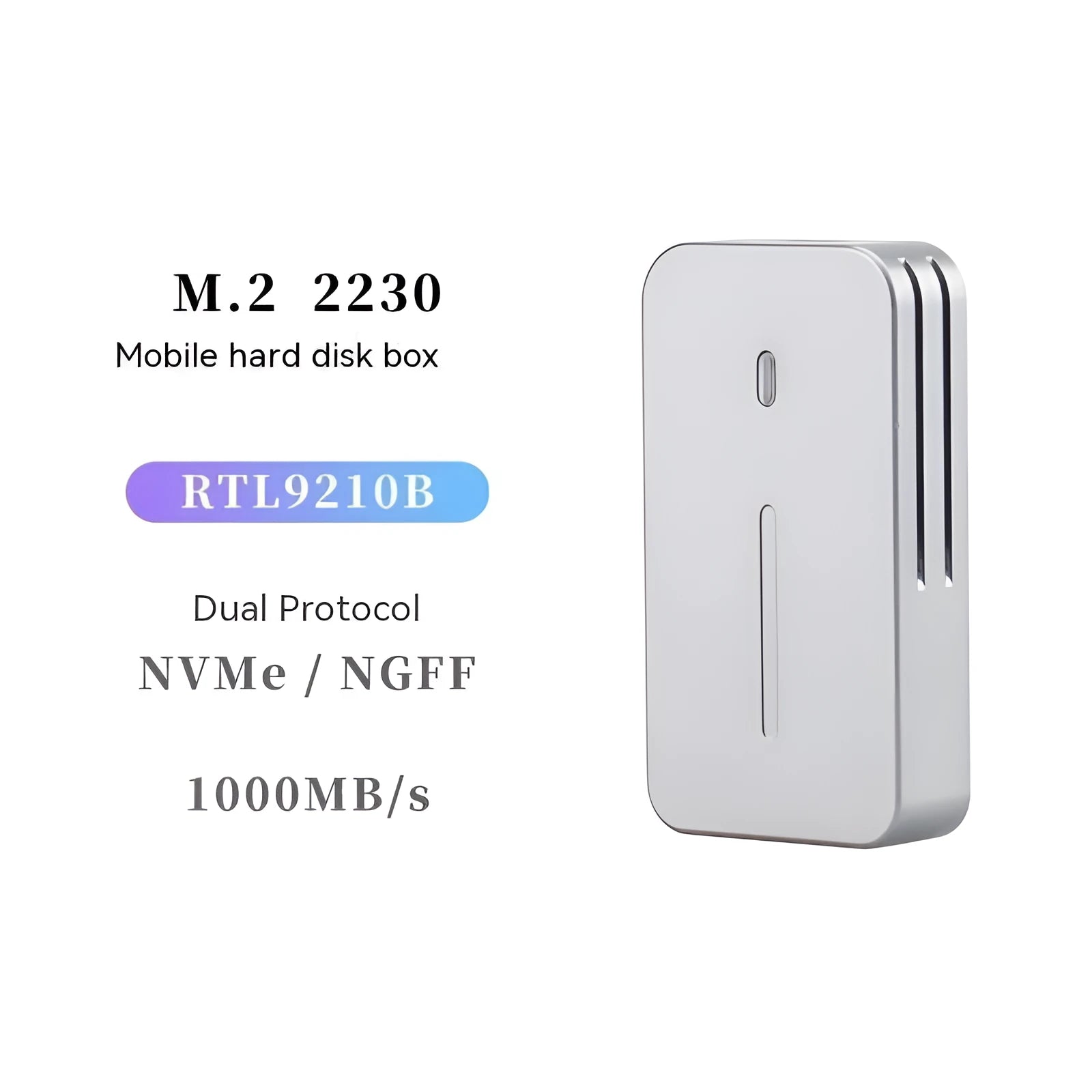 Compact aluminium M.2 SSD enclosure for NVMe and SATA drives with 10Gbps USB-C.